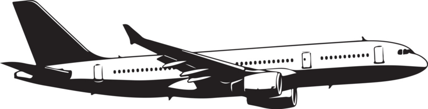 Airplane, Commercial Jet, Vector Aircraft, Black and White Illustration