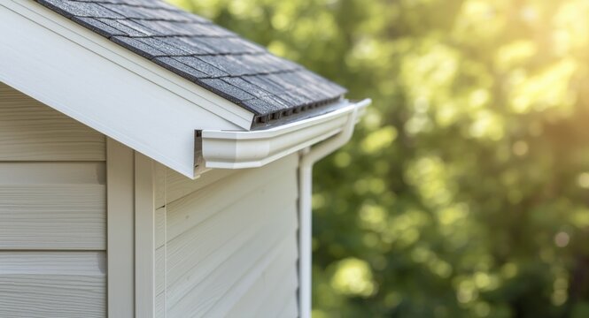 Exterior home detail showcasing white gutter guard and drip edge with vinyl siding
