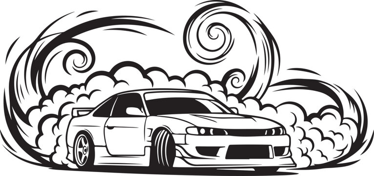 Drifting Car Vector, Racing Illustration, Black and White Sports Car, Smoke Trail