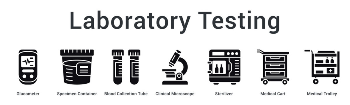 Laboratory testing banner web icon organizes specimen collection and analysis equipment for diagnostic procedures.