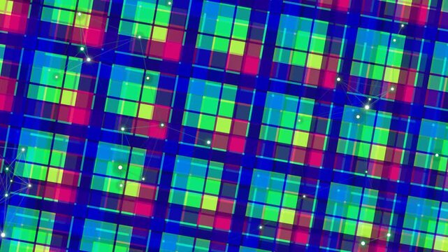 Vibrant multicolored grid pattern with squares and rectangles on a blue background