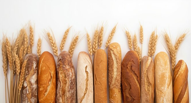 Collection of diverse bread types alongside wheat ears on white background for kitchen showcases