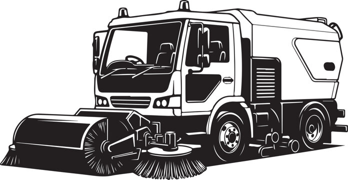 Street Sweeper Truck, Urban Cleaning Vehicle, Municipal Maintenance Truck, Black and White Illustration