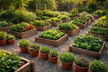 Fototapeta premium Community garden with wooden crates and flowerpots arranged in a uniform grid for vegetable and herb growth