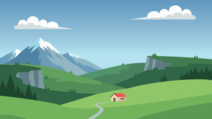 Quiet Pasture Beneath Distant Snowy Crowns Flat Design © jongjawi