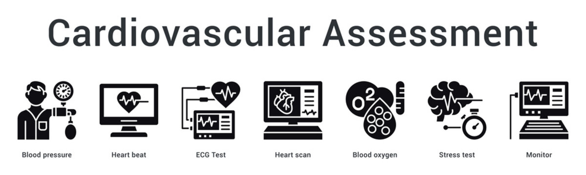 Cardiovascular assessment banner web icon evaluates heart health through pressure monitoring and cardiac testing procedures.