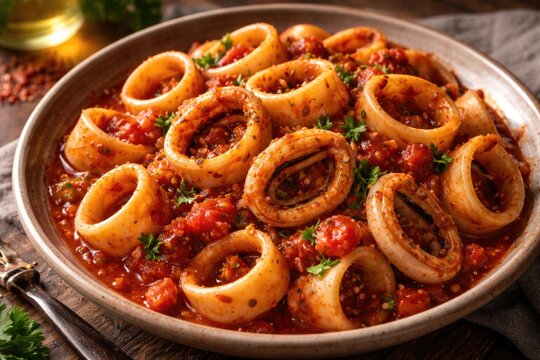 Delicious calamarata pasta served with tender calamari rings and rich tomato sauce