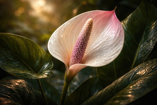 Anthurium Flower Blooming with Moisture on Lush Green Leaves