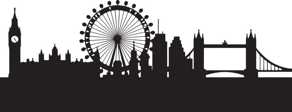 London city skyline silhouette vector illustration featuring big ben ferris wheel tower bridge and urban landmarks architecture.