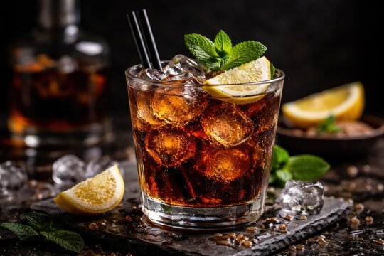 Refreshing rum and cola cocktail with mint and lemon garnish on dark backdrop