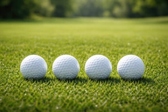 Four Golf Balls Lined Up on Lush Green Grass with Copy Space