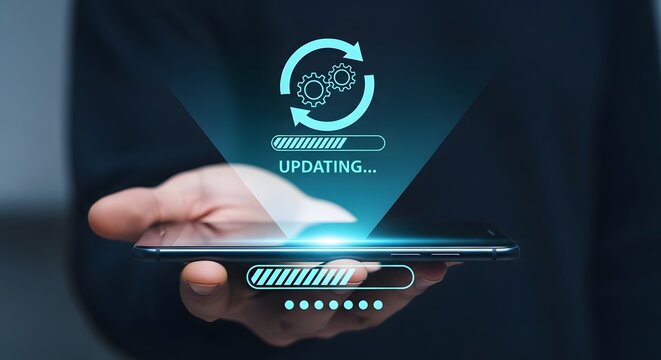 Person holding a smartphone with a holographic projection of an updating progress bar and gear representing software installation and system maintenance on a mobile device screen