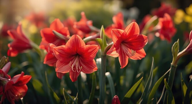 Summer scene with bright red amaryllis flowers in full growth