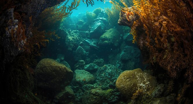 Underwater chasm filled with enormous stones amidst a brown kelp forest