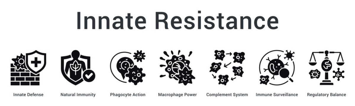 Innate resistance banner web icon provides immediate natural defense through phagocytes and surveillance mechanisms balancing responses.