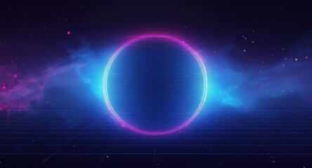 Obraz premium Synthwave style circular glitch with vibrant blue and pink glows and smoky particle effects over a laser grid space background for poster design