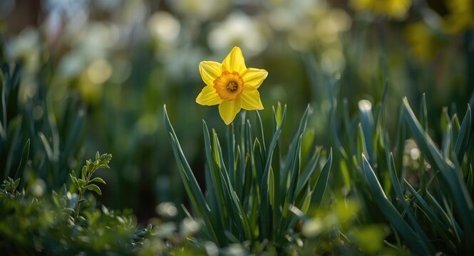 Jetfire daffodil with vibrant yellow petals blossoming in garden bed