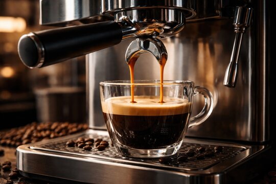 Fresh Espresso Coffee Brewing in Modern Espresso Machine with Coffee Beans