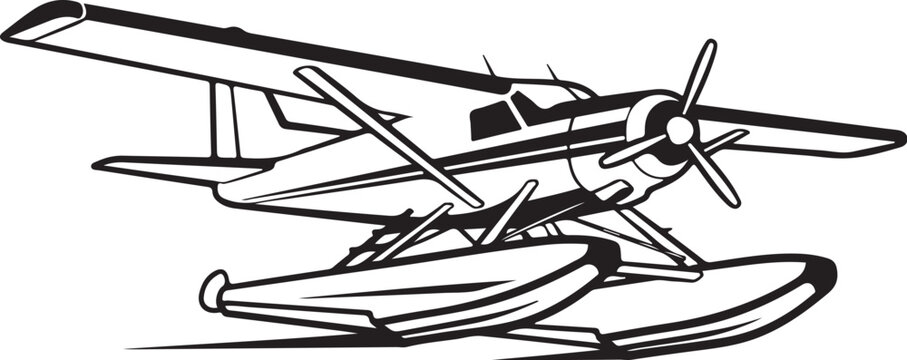 Seaplane, floatplane, vector illustration, black and white, aircraft, transportation, aviation