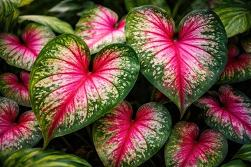 Fototapeta premium Vibrant heart shaped Caladium bicolor leaves with multicolor patterns