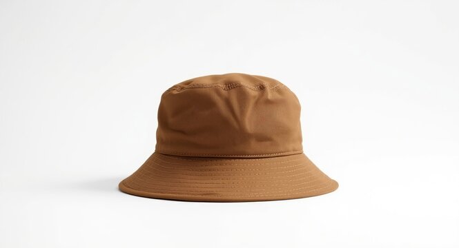 White backdrop with a brown bucket hat shown from a side angle
