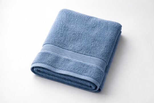 Overhead view of a neatly folded blue towel on a plain white surface with soft lighting