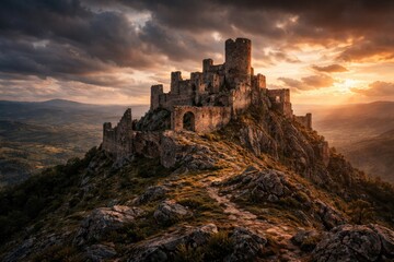 Obraz premium Ancient Fortress Ruins Surrounded by Dramatic Sky at Sunset
