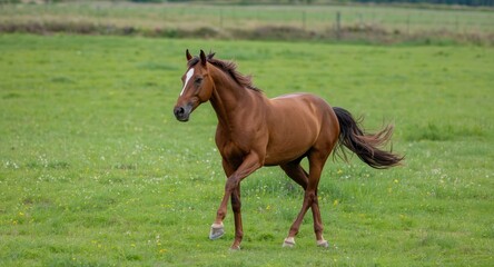Fototapeta premium vibrant horse prancing in sprawling green pasture