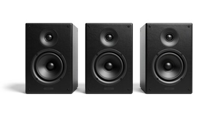 Fototapeta premium Three black audio speakers aligned in a row isolated on a bright white background