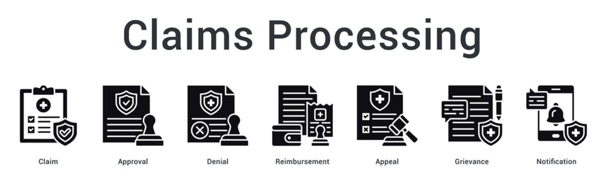 Claims processing banner web icon manages approval, denial and appeal procedures with notification and reimbursement tracking.