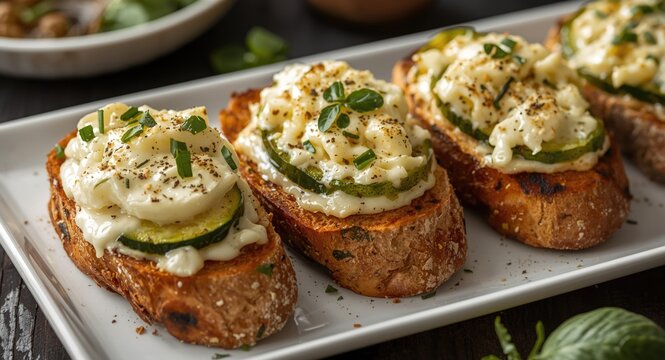 Tasty crostini featuring rustic bread with melted stracchino cheese courgette and scamorza cheese