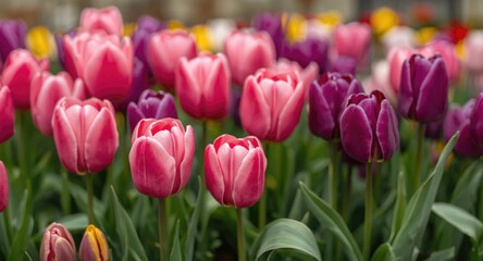 Obraz premium Springtime celebration with vibrant pink and purple tulips