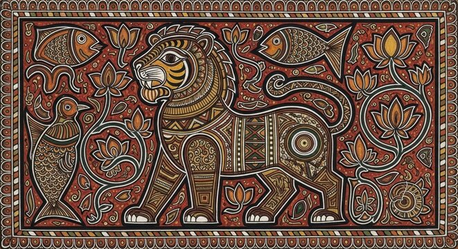 A colorful artwork of a tiger and fish on a pink background