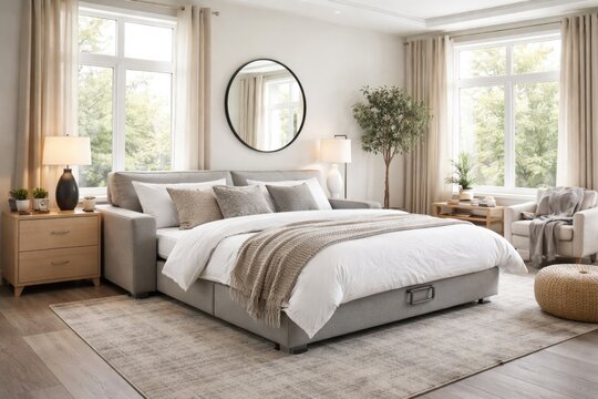 Modern room with a sleeper couch and extra space for guests