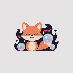 Fototapeta premium Cute cartoon fox meditates peacefully with colorful bubbles and stars in a dreamy mystical atmosphere
