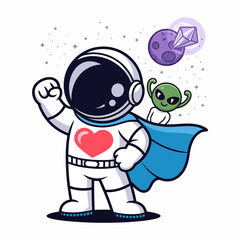 Fototapeta premium Astronaut and alien in space with heart on suit and purple planet with diamond