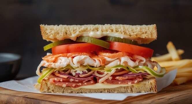 Stacking fresh ingredients in a club sandwich featuring imitation crab