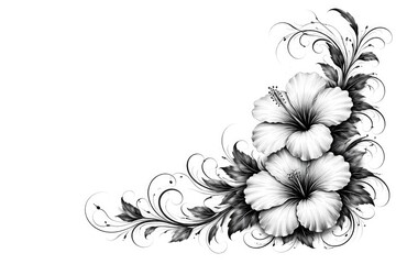 Obraz premium Black and white floral illustration with two hibiscus blossoms and swirling vines on white background with copy space
