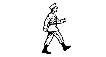 Fototapeta premium A simple black and white drawing of a man walking and wearing a uniform.