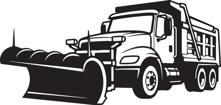Snowplow truck, winter service vehicle, snow removal equipment, black and white vector