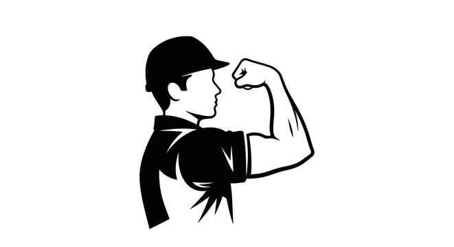 A cartoon man flexing his arm to show off his muscles.