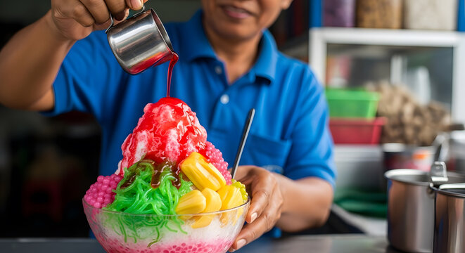 Colorful Shaved Ice Dessert with Jackfruit and Syrup Being Prepared
