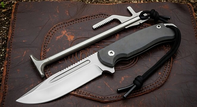 A tactical folding knife and a metal pry bar tool presented on a dark textured slate background illustration