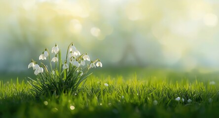 Fototapeta premium Sunlight enhancing white flowers blooming on green grass in a garden with dynamic abstract background