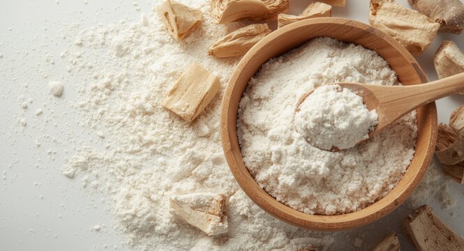 Wooden spoon and bowl presenting organic tapioca flour with dried cassava root pieces