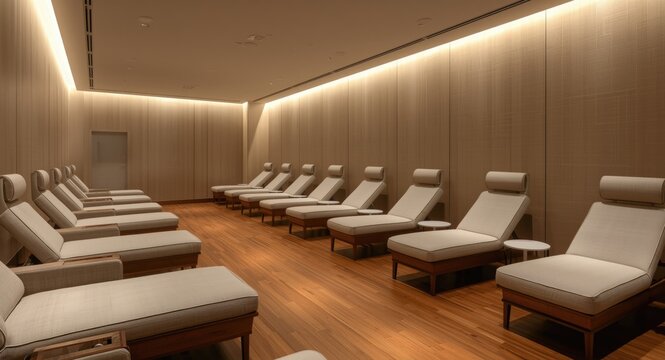 Modern relaxation space featuring hardwood floors and soft beige seating