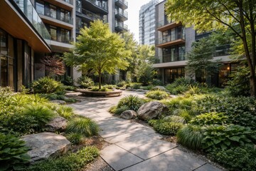 Obraz premium Daylight urban courtyard with concrete stones and lush greenery framed by modern architecture