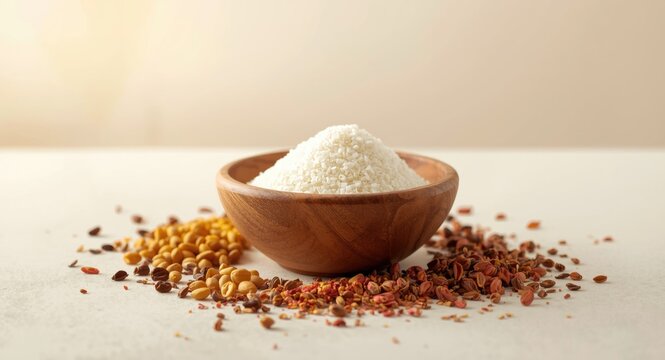 Wooden bowl holding Triphala churan known for digestive support surrounded by herbal ingredients