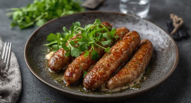 Traditional South European sausage dish with skinless cevapcici and herbal watercress thyme salad