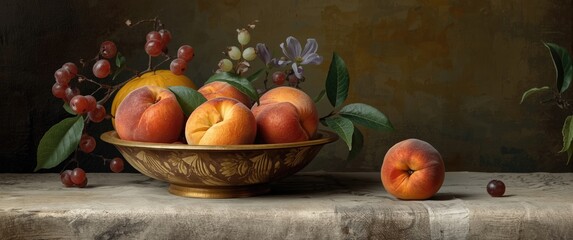 Oil canvas of a peach resting in an artisanal bowl with a carefully arranged elegant fruit display